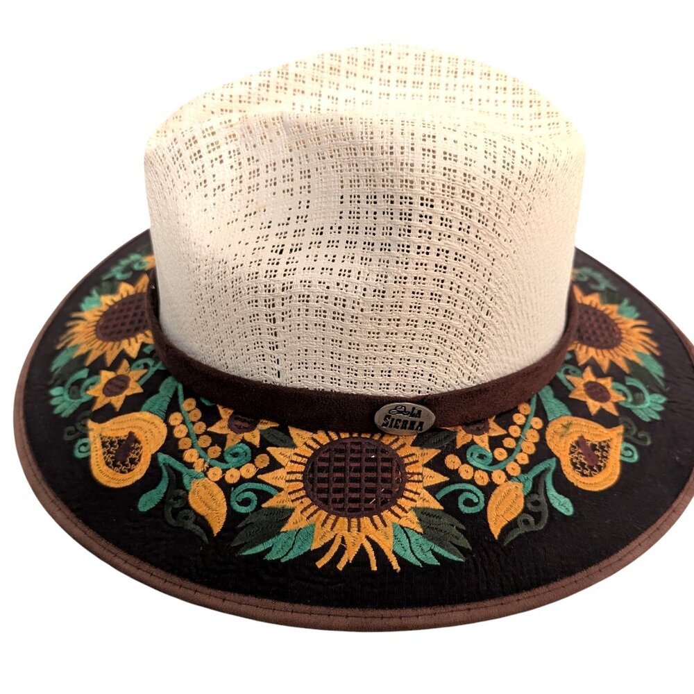 La Sierra Womens Size M Brown Yellow Green Sunflower Embroidered West Sun Hat